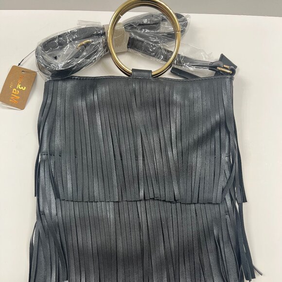 Fringe Tiered /Tassel/ Gold Hoop / Bohemian Crossbody/ Retro 70s - Black - NWT - Picture 3 of 9